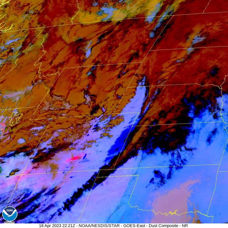 A satellite image of dust from the southwestern desert blowing through Colorado and other western states on April 18, 2023. (Via NOAA/NESDIS/STAR)